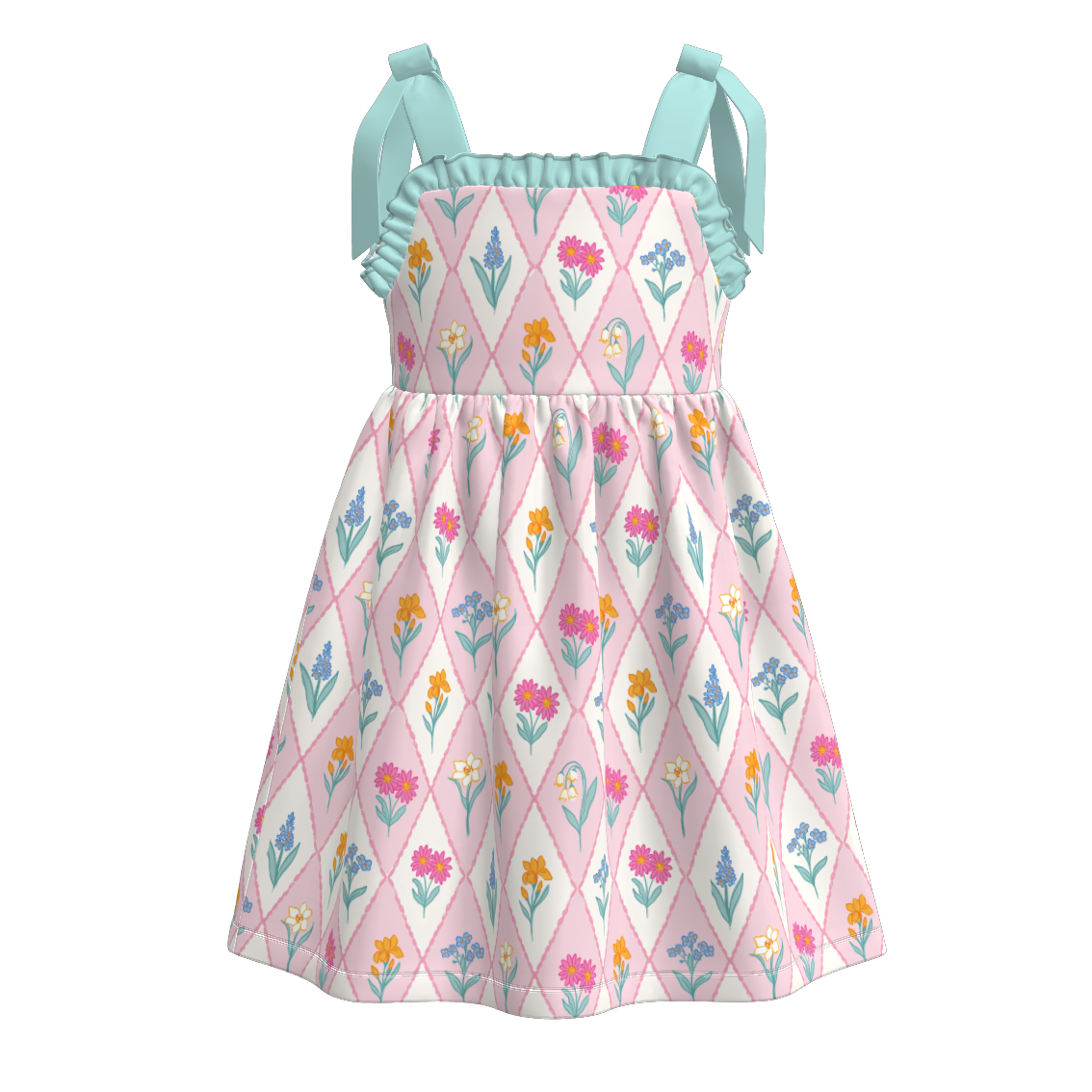 （Pre Order）Girls Spring and Summer Bow＆Floral Print Slip Dress