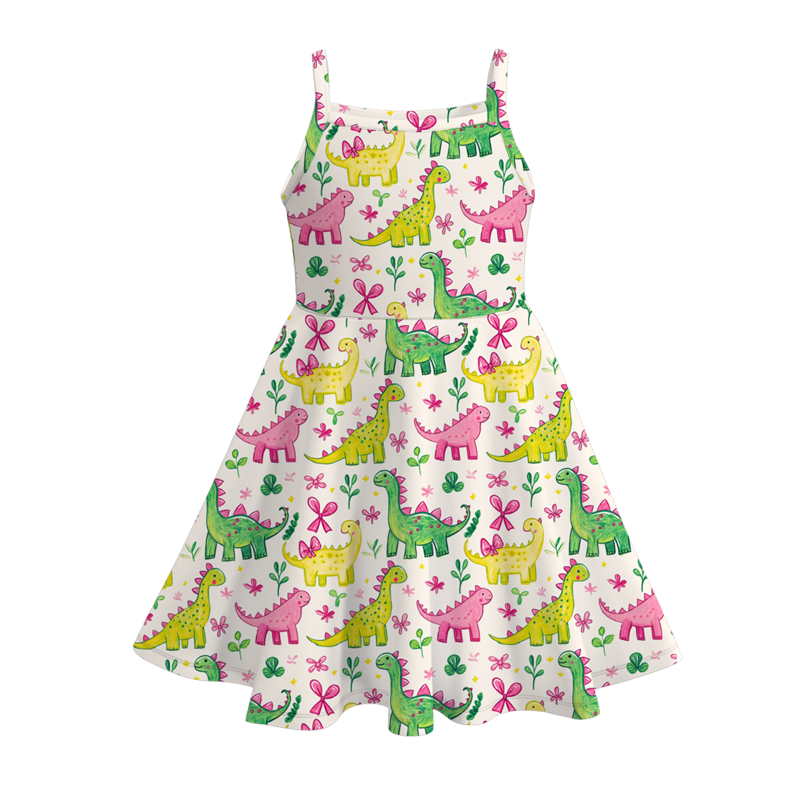 （Pre Order）Girls Spring and Summer Bow＆Dinosaur Print Slip Dress
