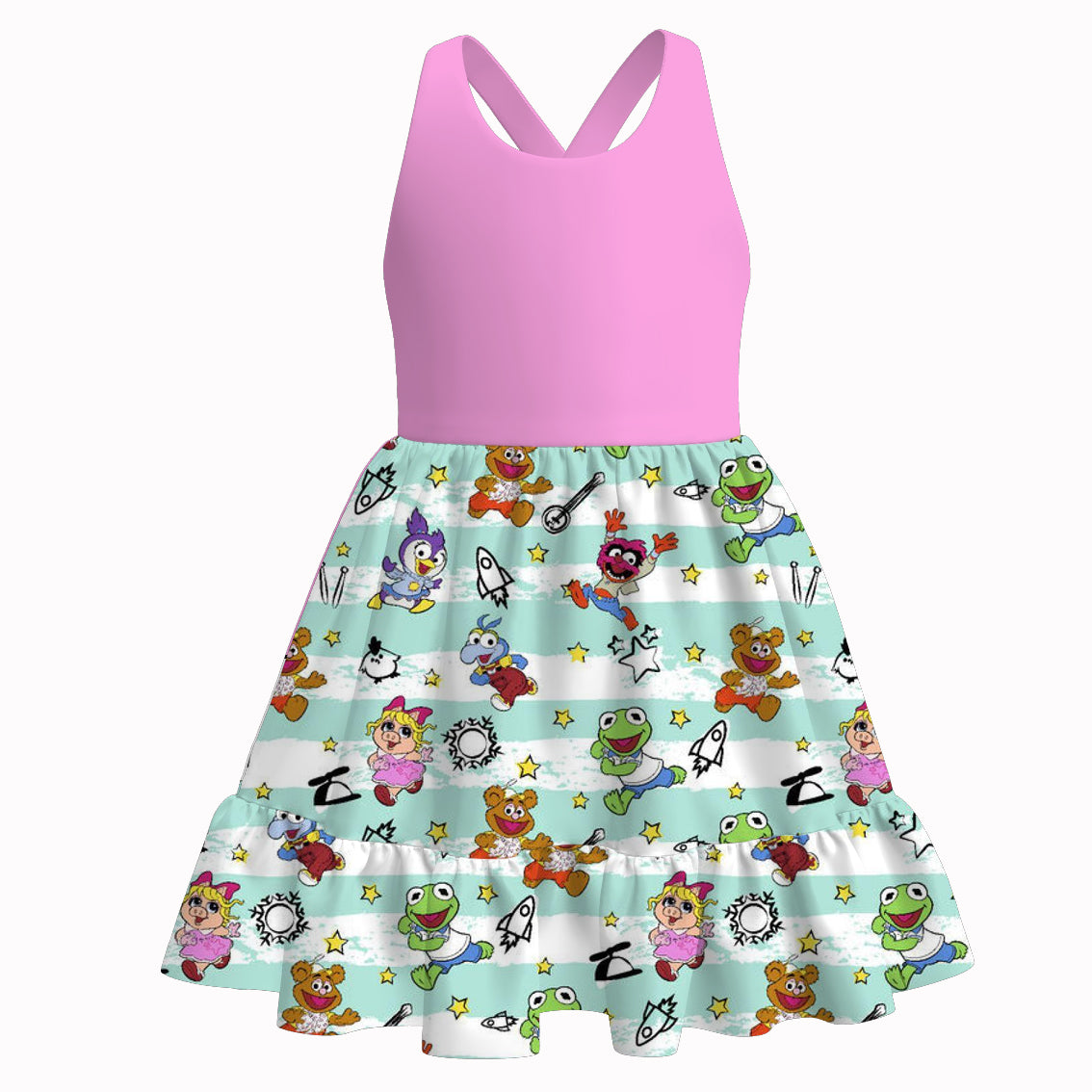 （Pre Order）Girls Spring and Summer Cartoon Print Dress＆Skort Set