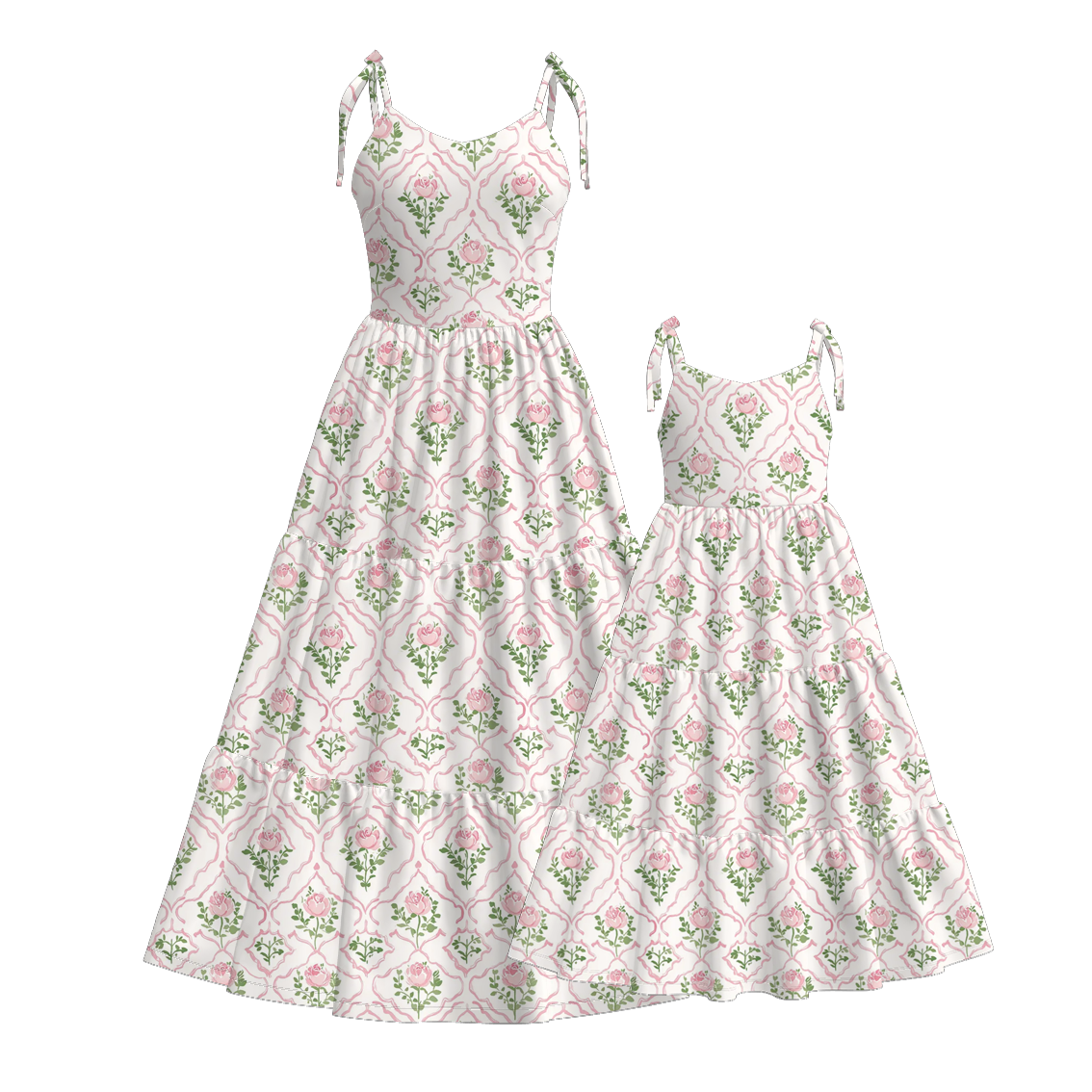 （Pre Order）Mommy and Me Summer Pink Floral Print MAXI Dress,Set＆Romper