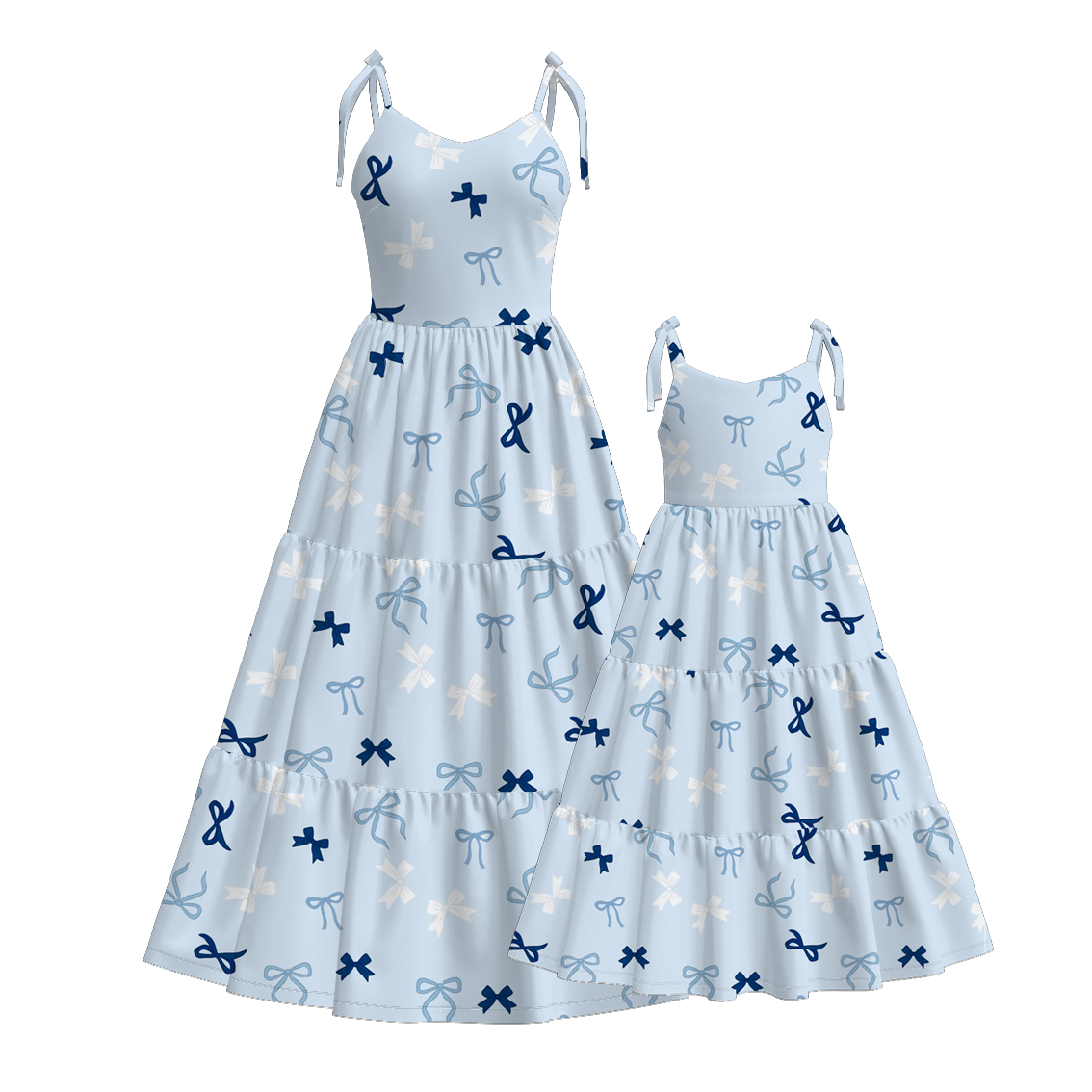 （Pre Order）Mommy and Me Summer Blue Bow Print MAXI Dress,Set＆Romper