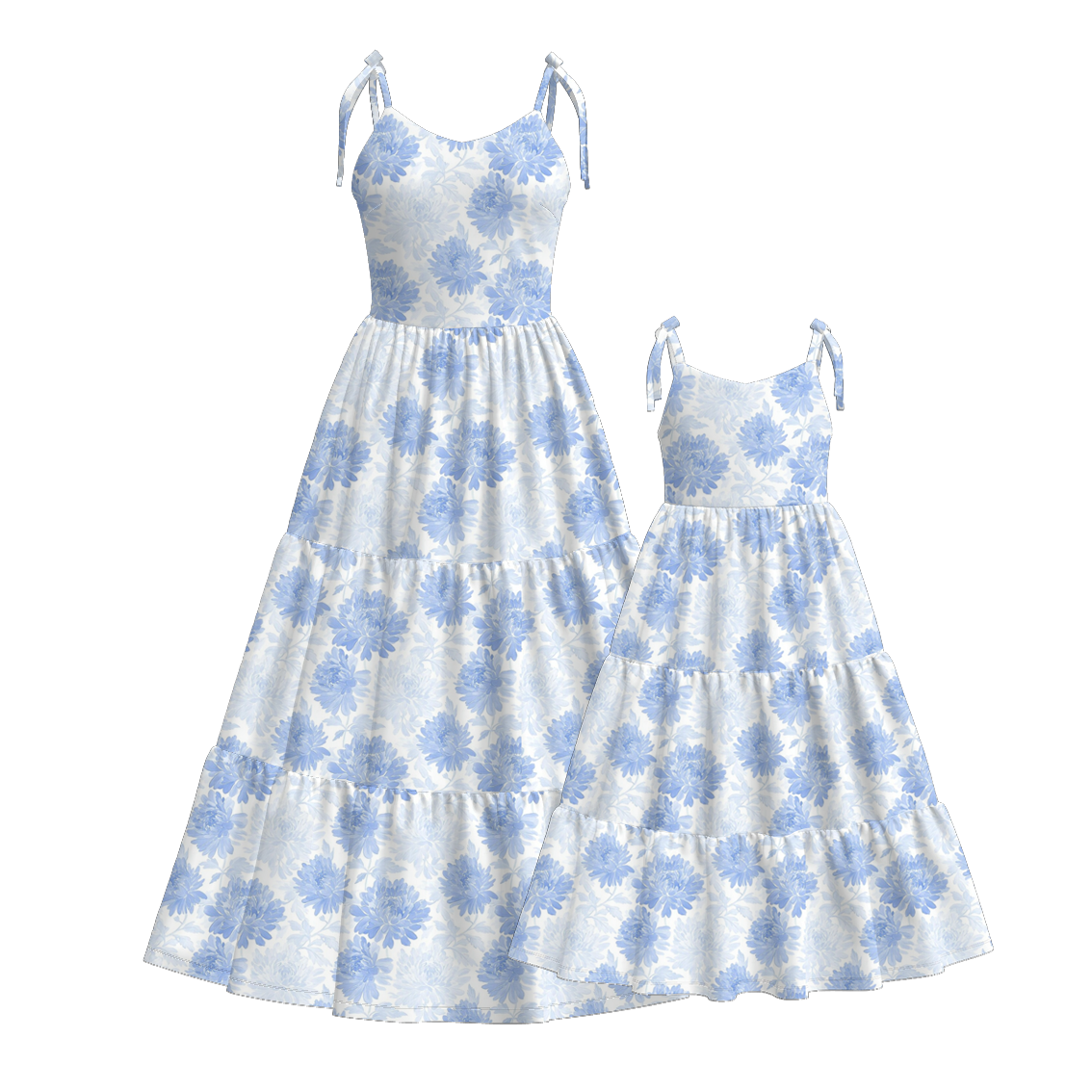 （Pre Order）Mommy and Me Summer Light Blue Floral Print MAXI Dress,Set＆Romper