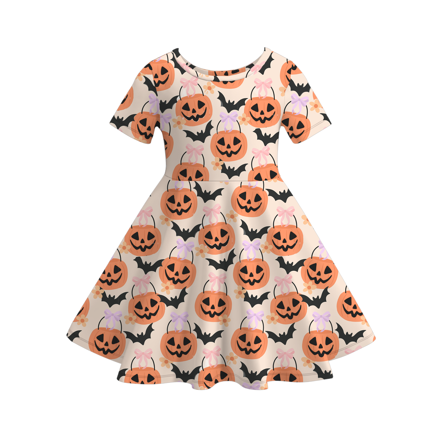 （Pre Order）Girls Halloween Pumpkin＆Bat Print Dress