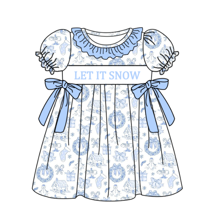 （Pre Order）Sisters Christmas Let It Snow Embroidery Smocked Dress,Pajamas&Romper