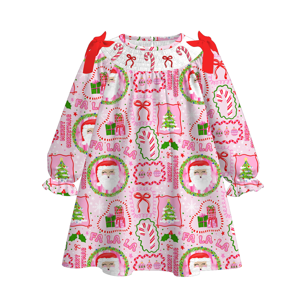 （Pre Order）Sisters Christmas Santa Claus Embroidery Smocked Dress＆Romper