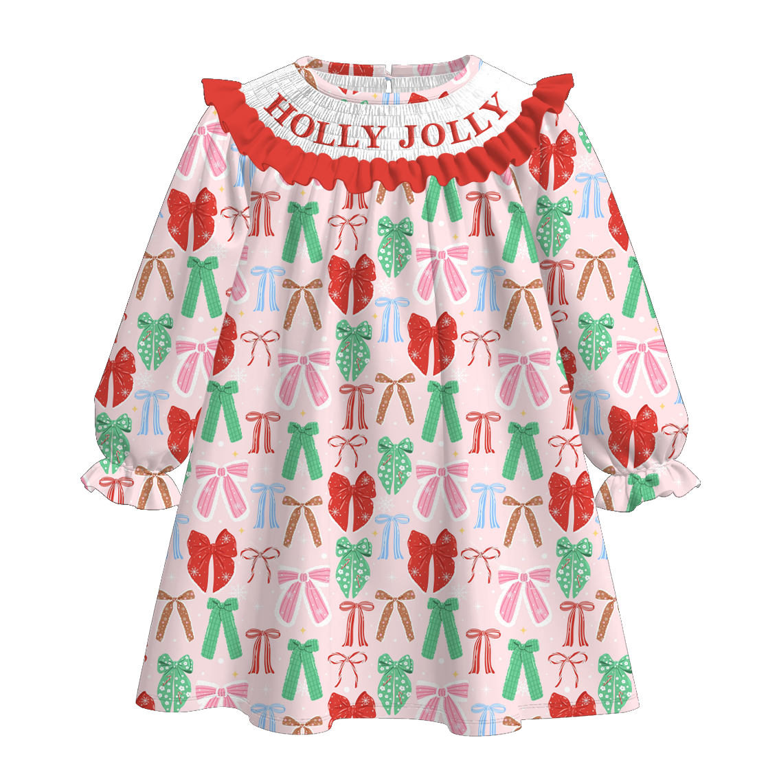 （Pre Order）Sisters Christmas Bow Embroidery Smocked Dress＆Romper