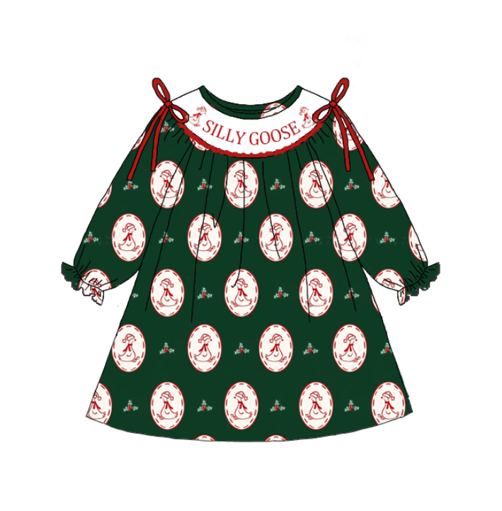 （Pre Order）Sisters Christmas Silly Goose Embroidery Smocked Dress&Romper