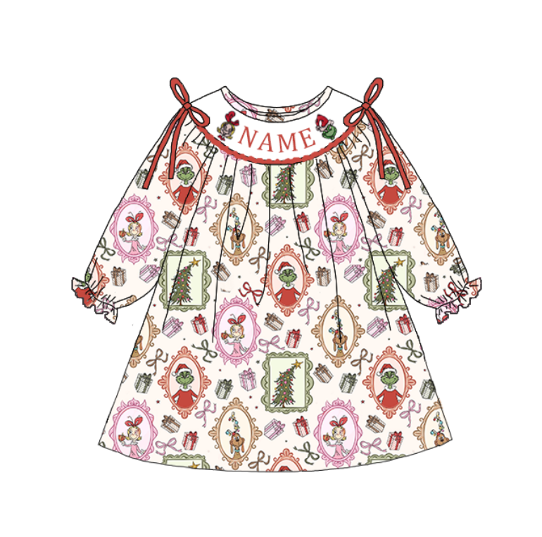 （Pre Order）Sisters Christmas Cartoon Embroidery Smocked Dress,Pajamas&Romper