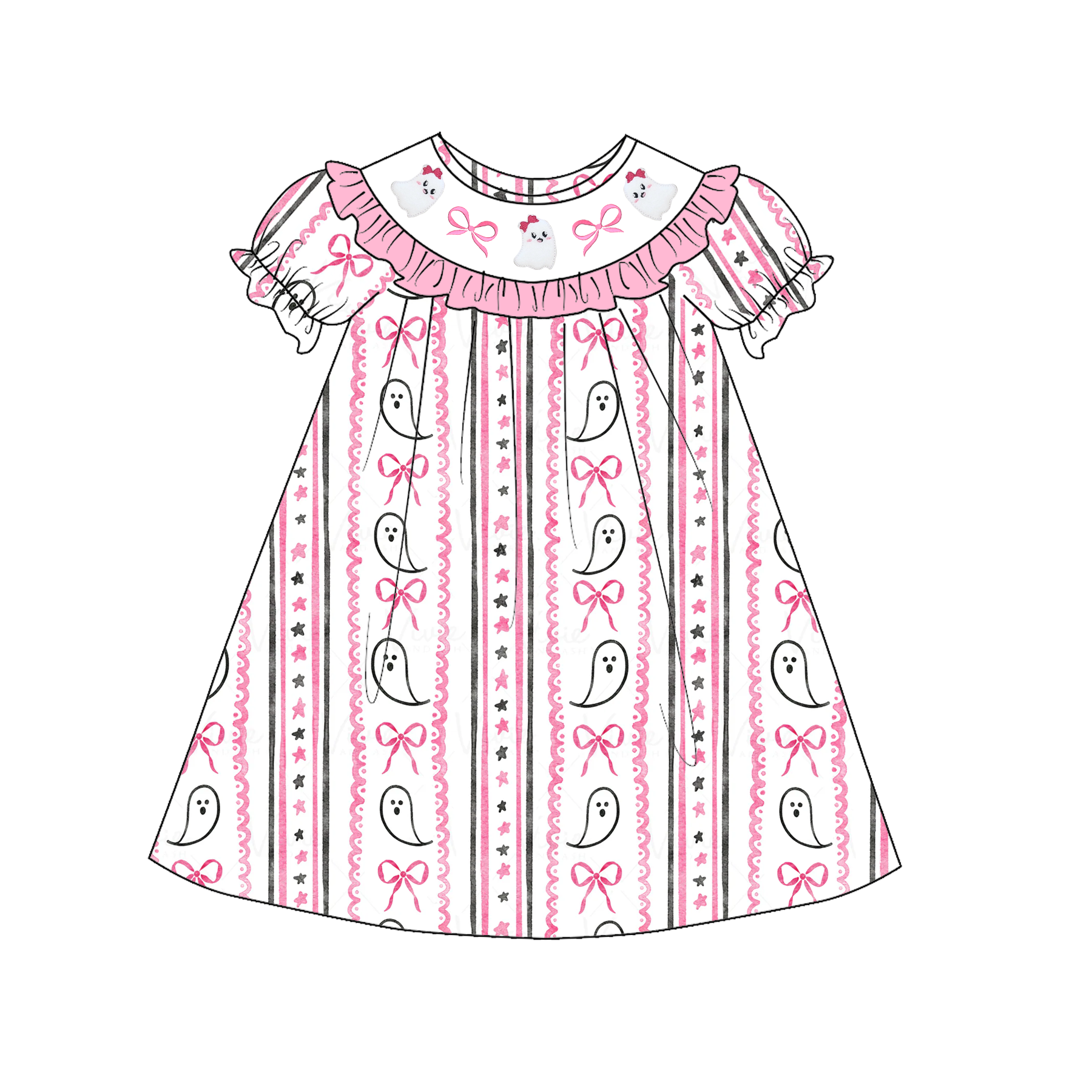 （Pre Order）Sibling Halloween Ghost Embroidery Smocked Dress,Romper＆Set