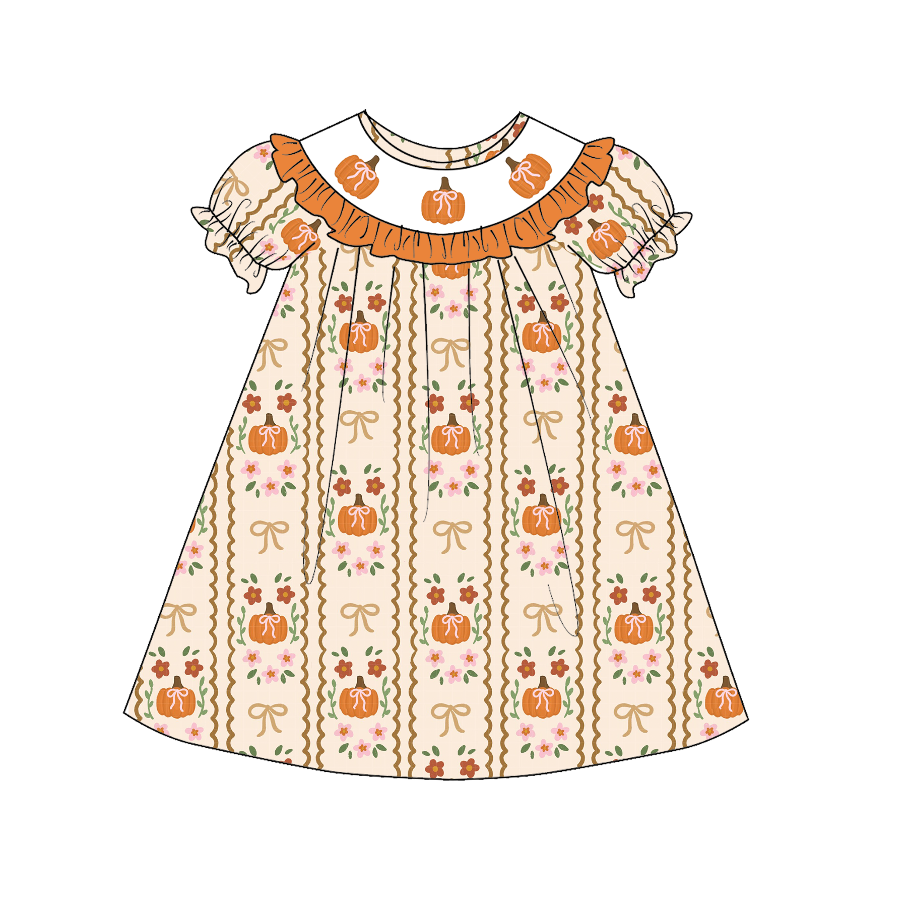 （Pre Order）Sibling Halloween Pumpkin Embroidery Smocked Dress,Romper＆Set