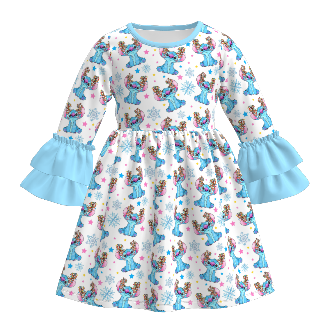 （Pre Order）Girls Christmas Cartoon Print Lace Sleeves Dress