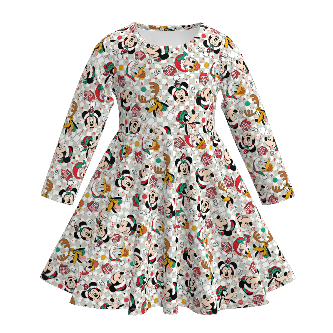（Pre Order）Girls Christmas Cartoon&Santa Claus Print Twirl Dress