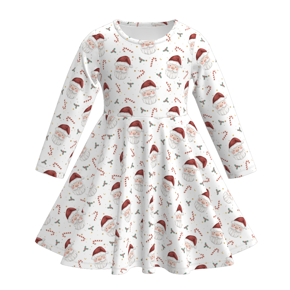 （Pre Order）Girls Christmas Cartoon&Santa Claus Print Twirl Dress