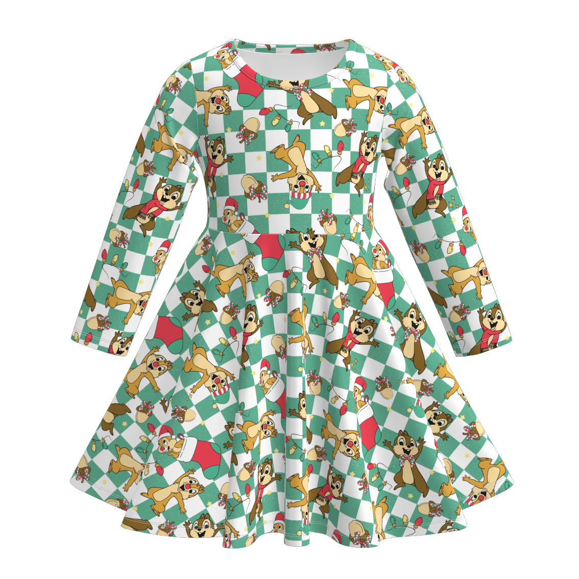 （Pre Order）Girls Christmas Cartoon&Santa Claus Print Twirl Dress