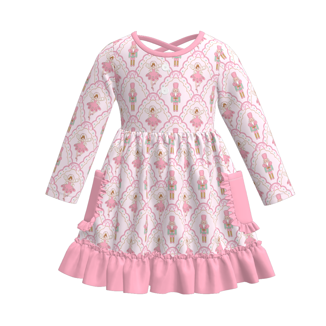 （Pre Order）Family Christmas Pink Nutcracker Print Dress,Set,Romper&Top