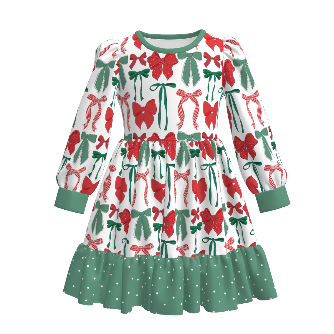 （Pre Order）Girls Christmas Bow Print Dress&Set
