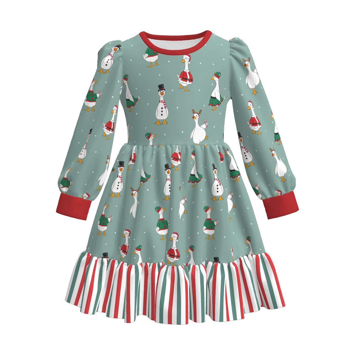 （Pre Order）Girls Christmas Goose Print Dress&Set
