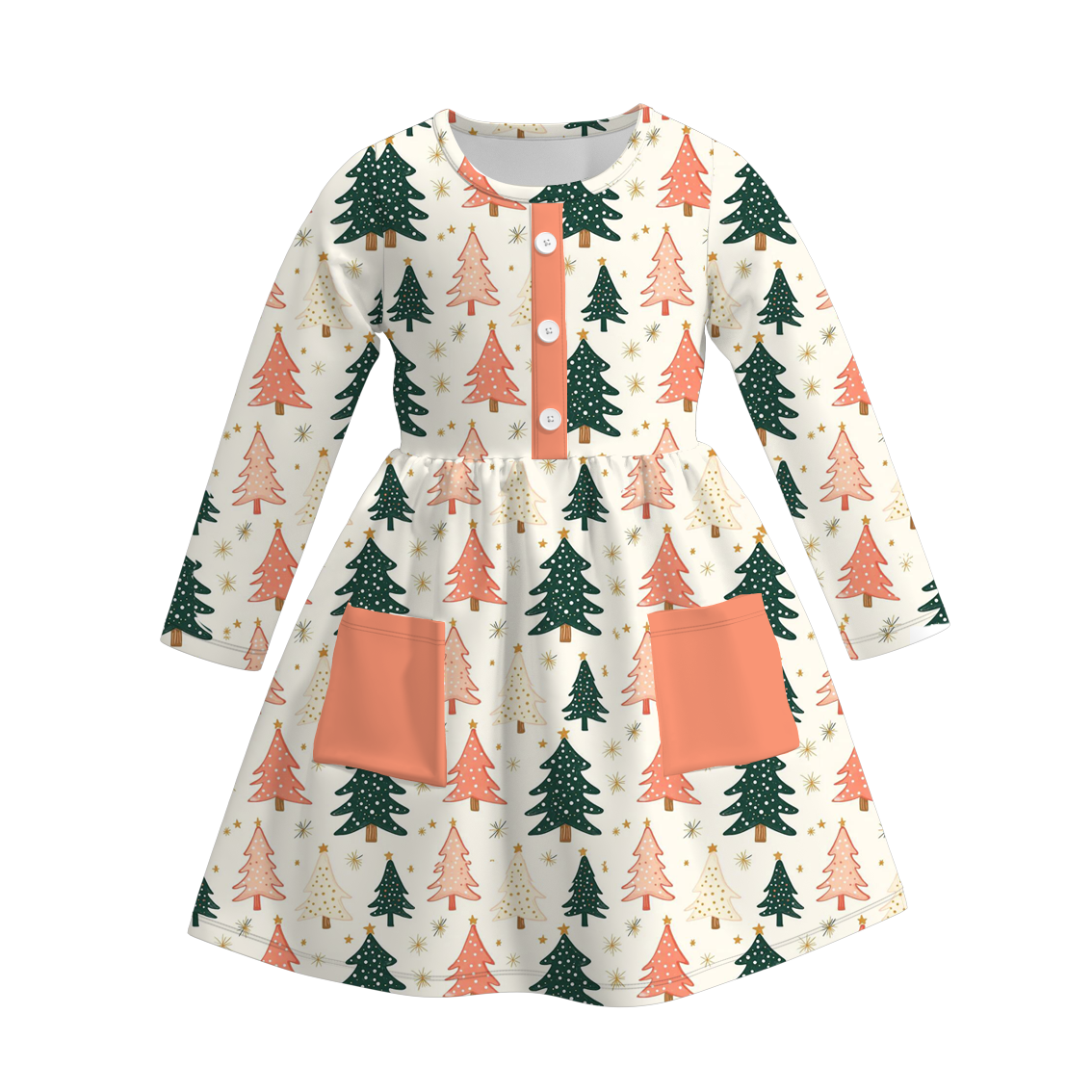 （Pre Order）Girls Christmas Tree Print Dress with Pockets&Set