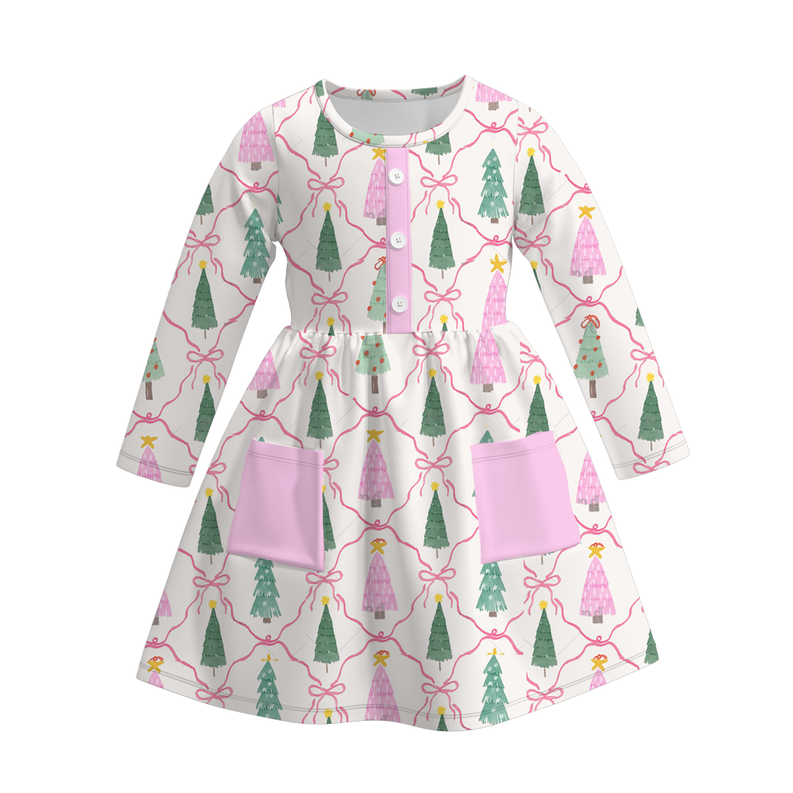 （Pre Order）Girls Christmas Tree Print Dress with Pockets&Set