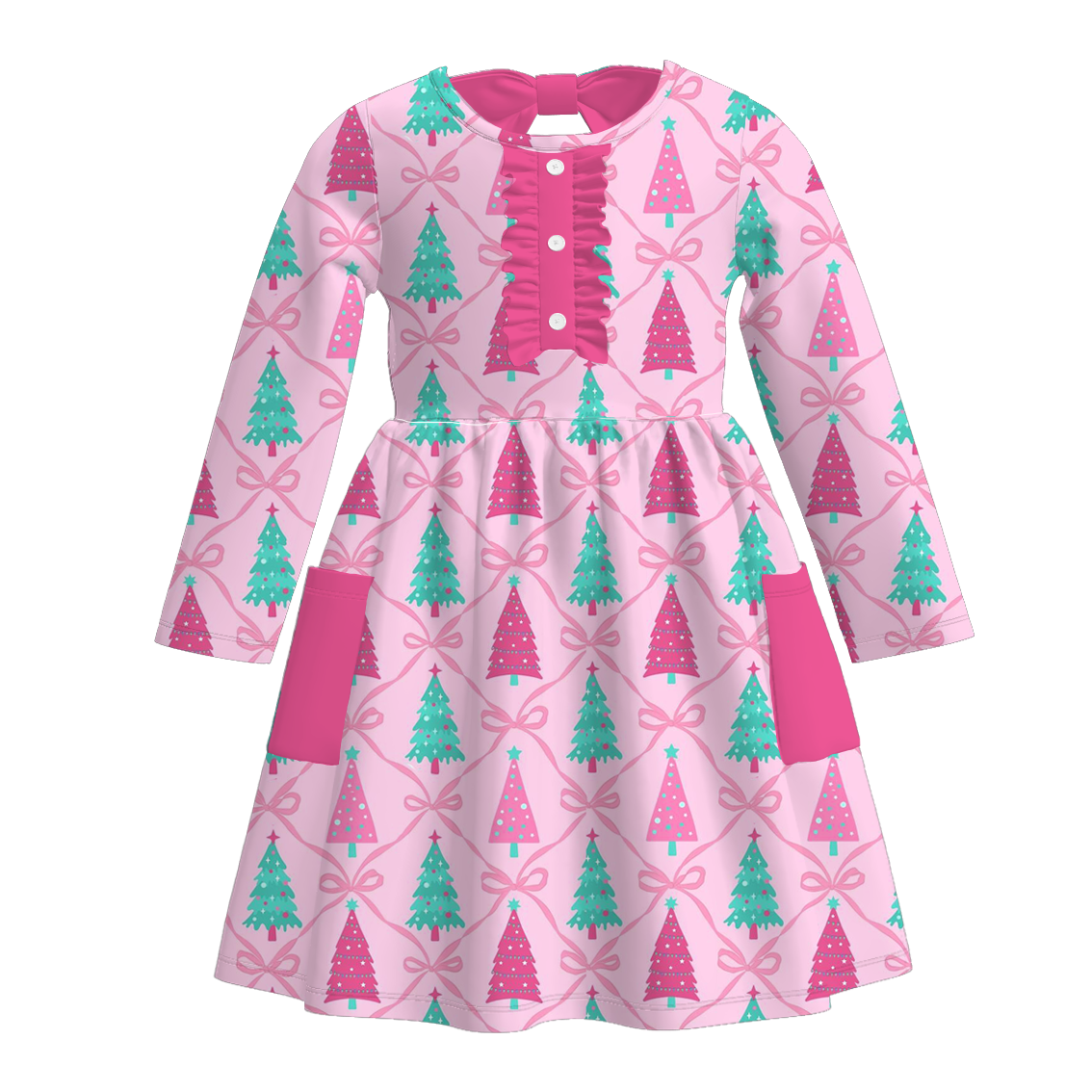 （Pre Order）Girls Christmas Tree Print Dress with Pockets
