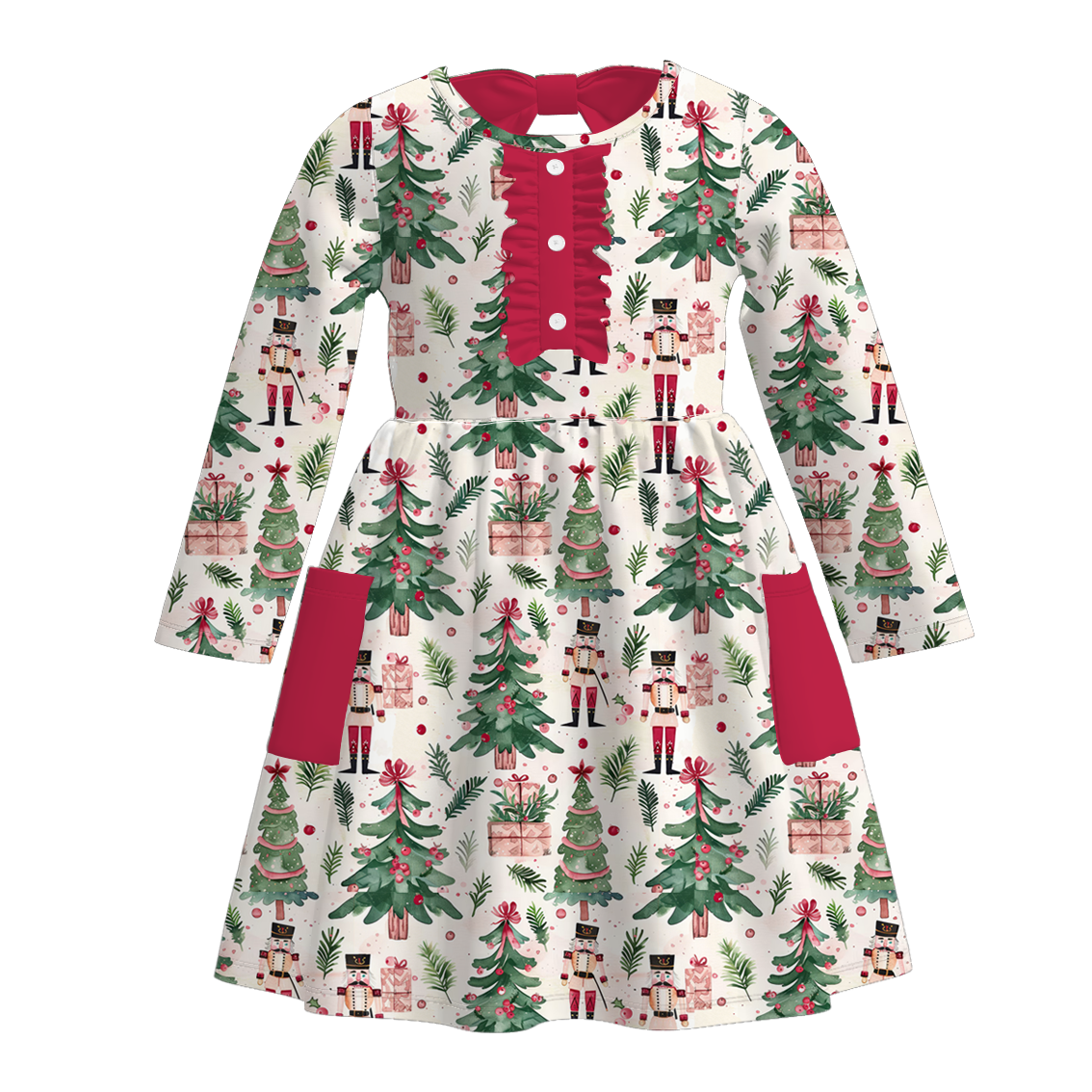 （Pre Order）Girls Christmas Tree Print Dress with Pockets