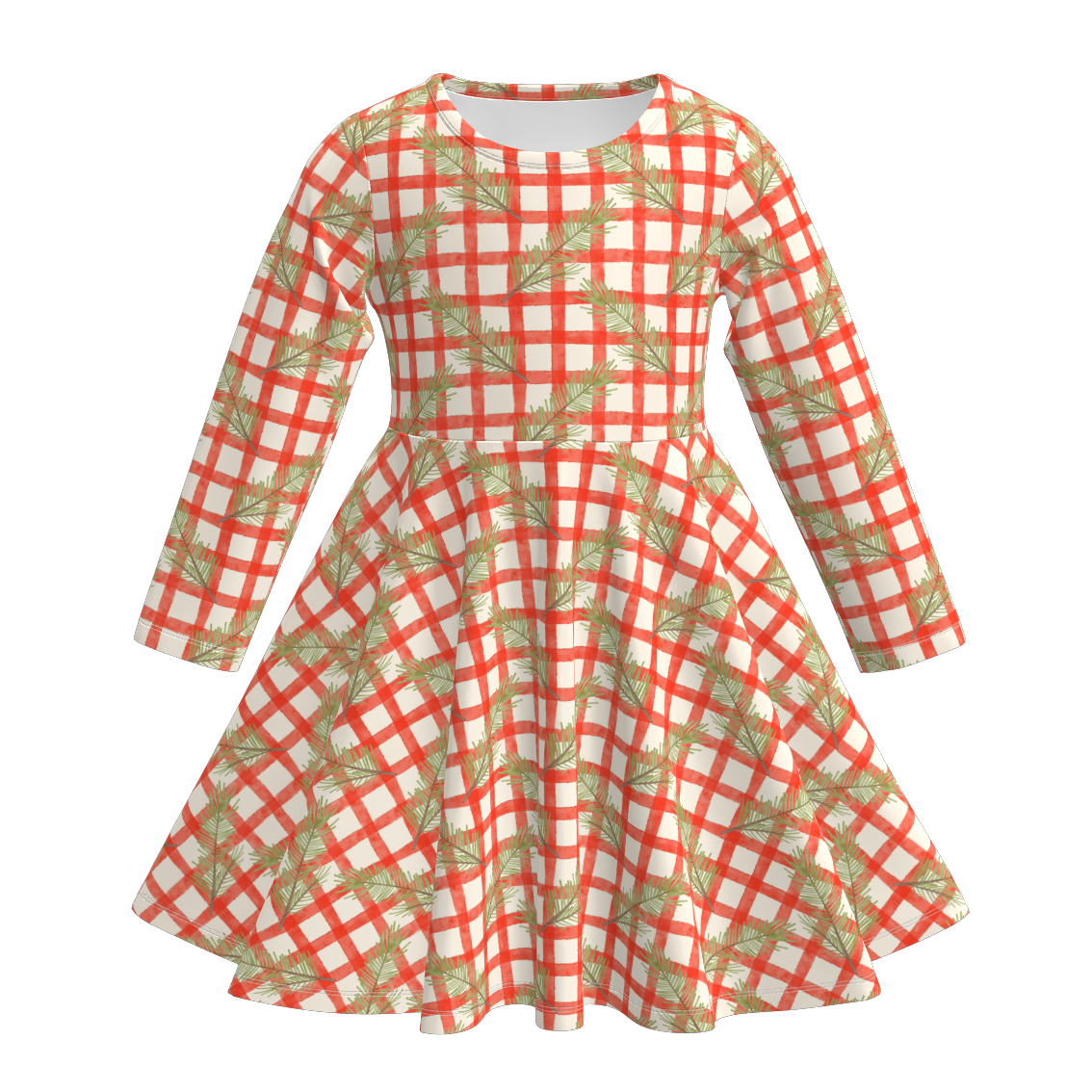 （Pre Order）Girls Christmas Plaid Print Long Sleeves Dress