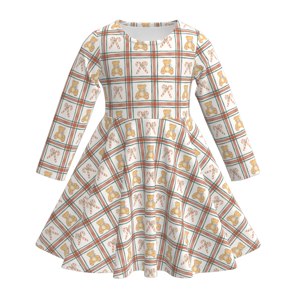 （Pre Order）Girls Christmas Bow Print Long Sleeves Dress