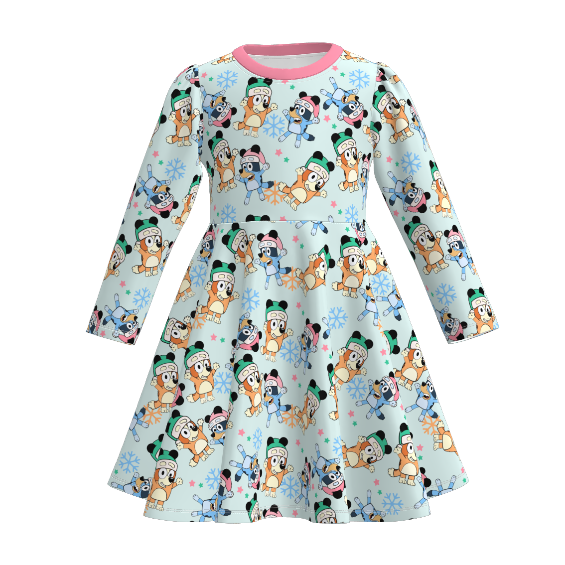 （Pre Order）Girls Christmas Blue Dog Print Long Sleeves Dress