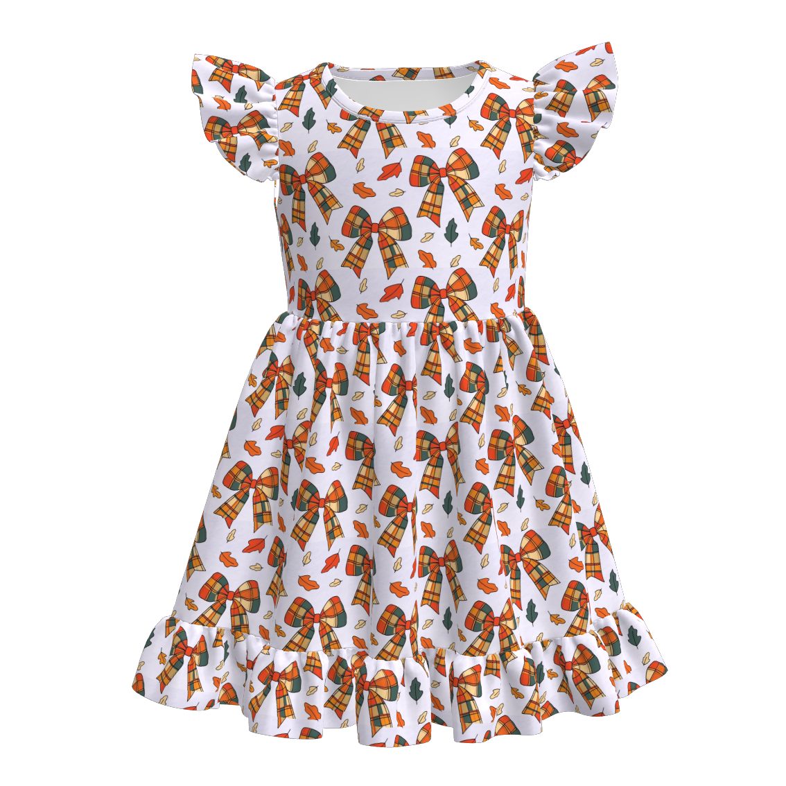 （Pre Order）Girls Fall Bow&Pumpkin Print Flying Sleeves Dress