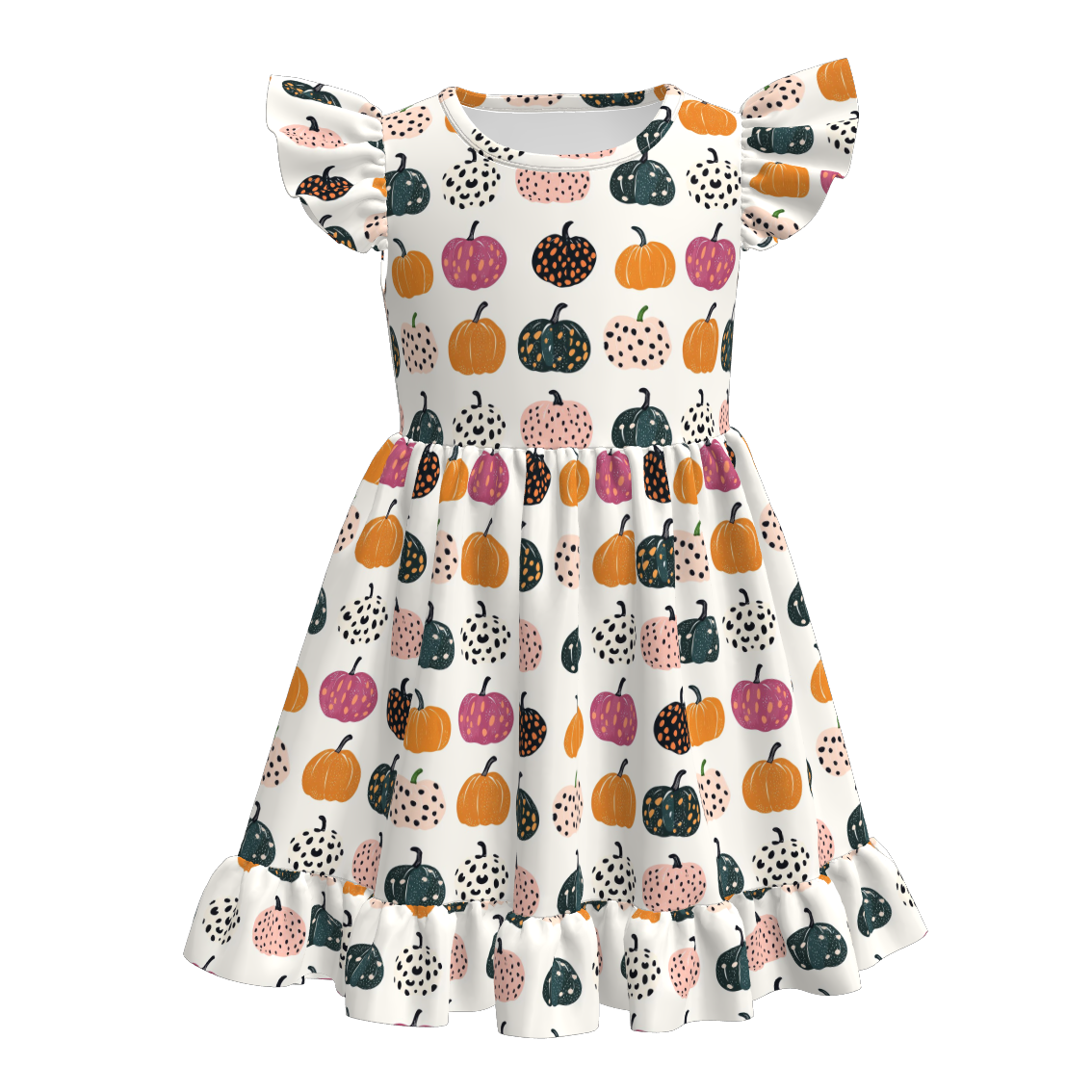 （Pre Order）Girls Fall Bow&Pumpkin Print Flying Sleeves Dress
