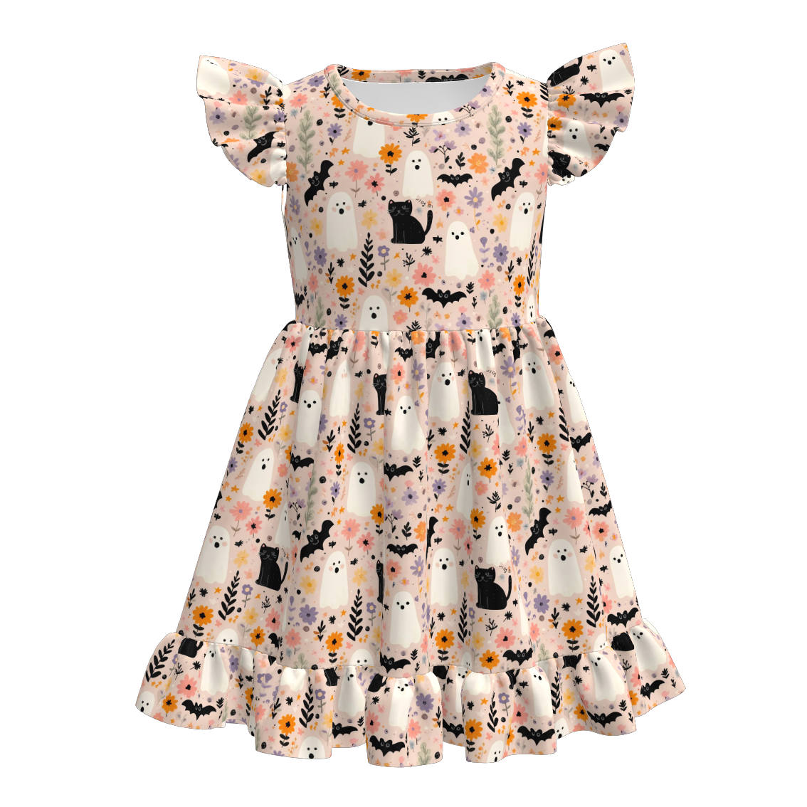 （Pre Order）Girls Fall Bow&Pumpkin Print Flying Sleeves Dress