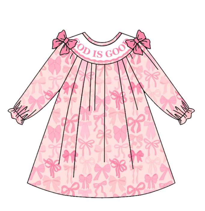 （Pre Order）Sisters Fall Pink Bow Embroidery Smocked Dress＆Romper