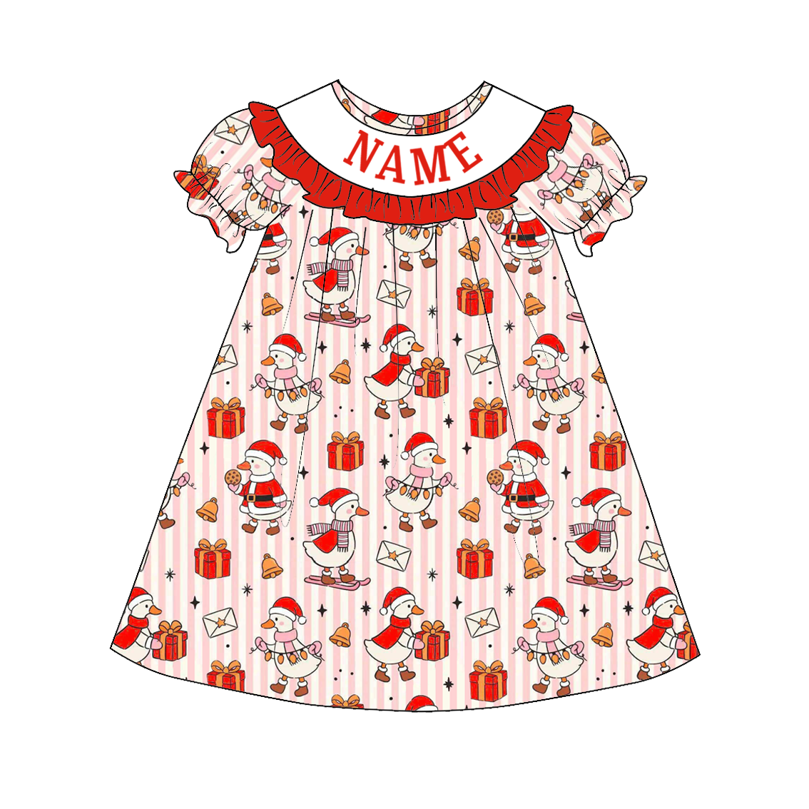 （Pre Order）Family Christmas Goose Embroidery Smocked Dress,Set＆Romper