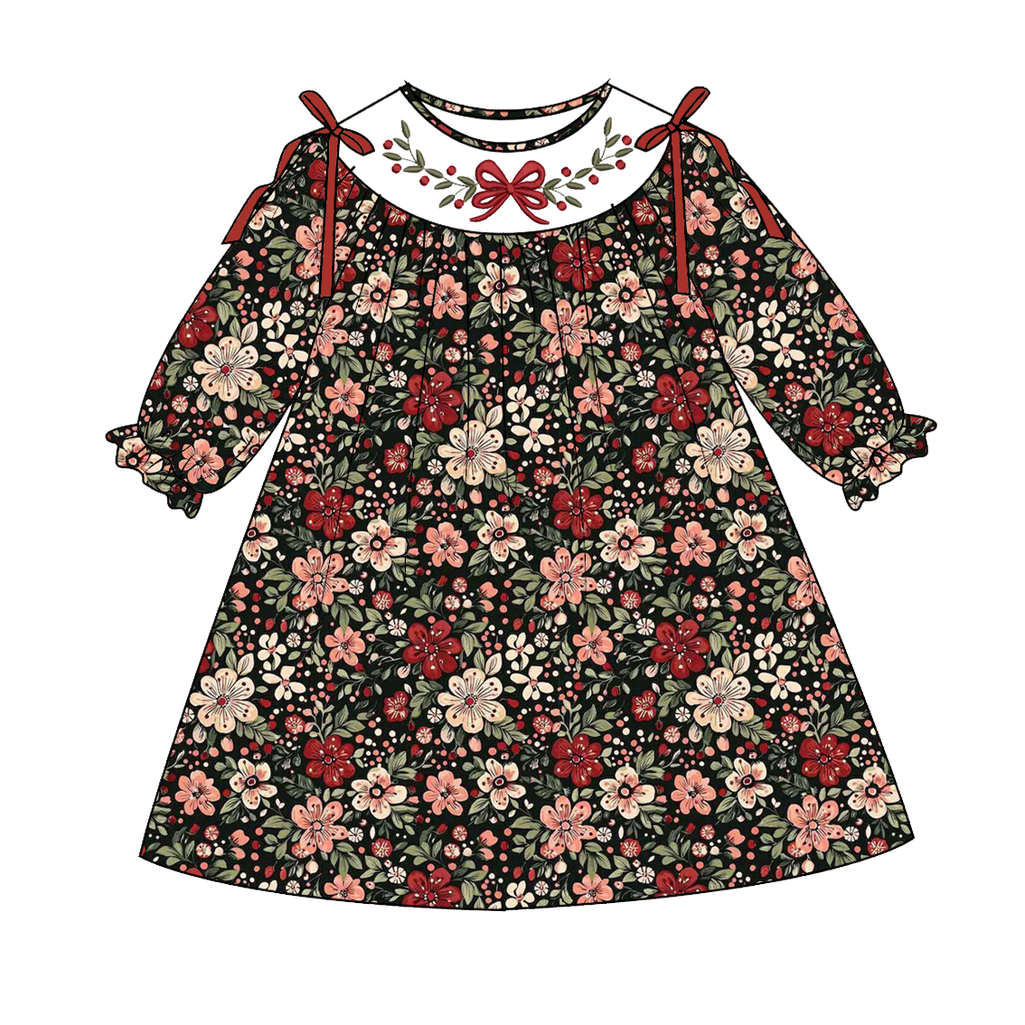 （Pre Order）Family Christmas Floral Embroidery Smocked Dress＆Romper