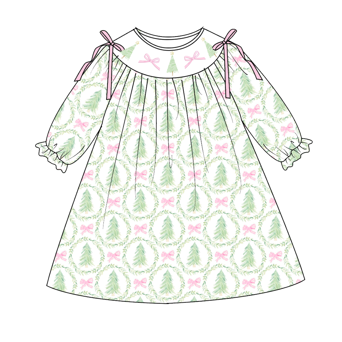 （Pre Order）Family Christmas Tree Embroidery Smocked Dress,Set＆Romper