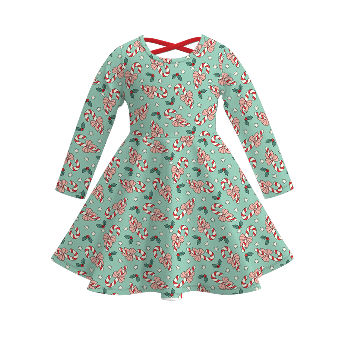 （Pre Order）Girls Christmas Candy Cane Print Dress&Set