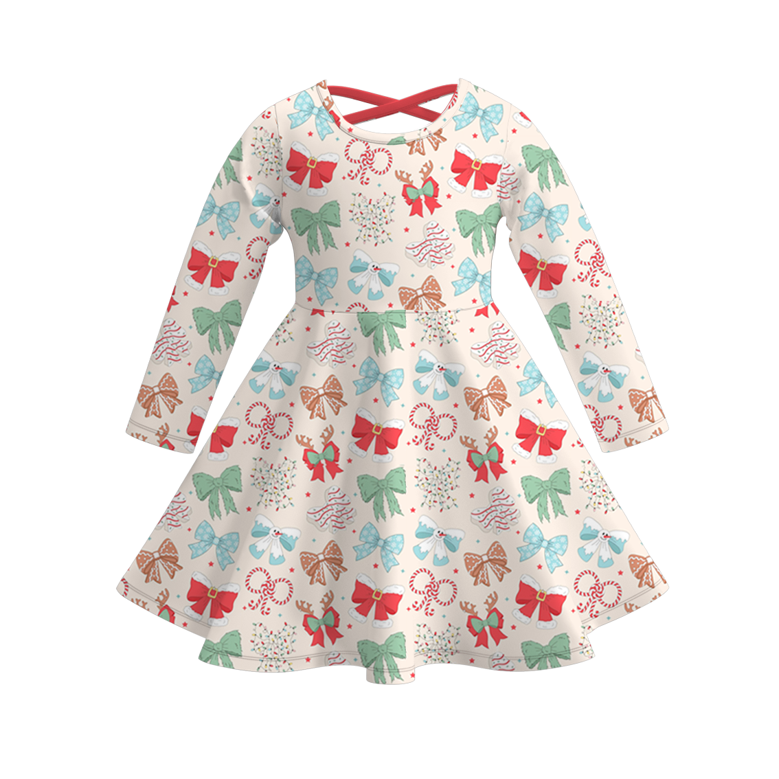 （Pre Order）Girls Christmas Bow Print Dress&Set