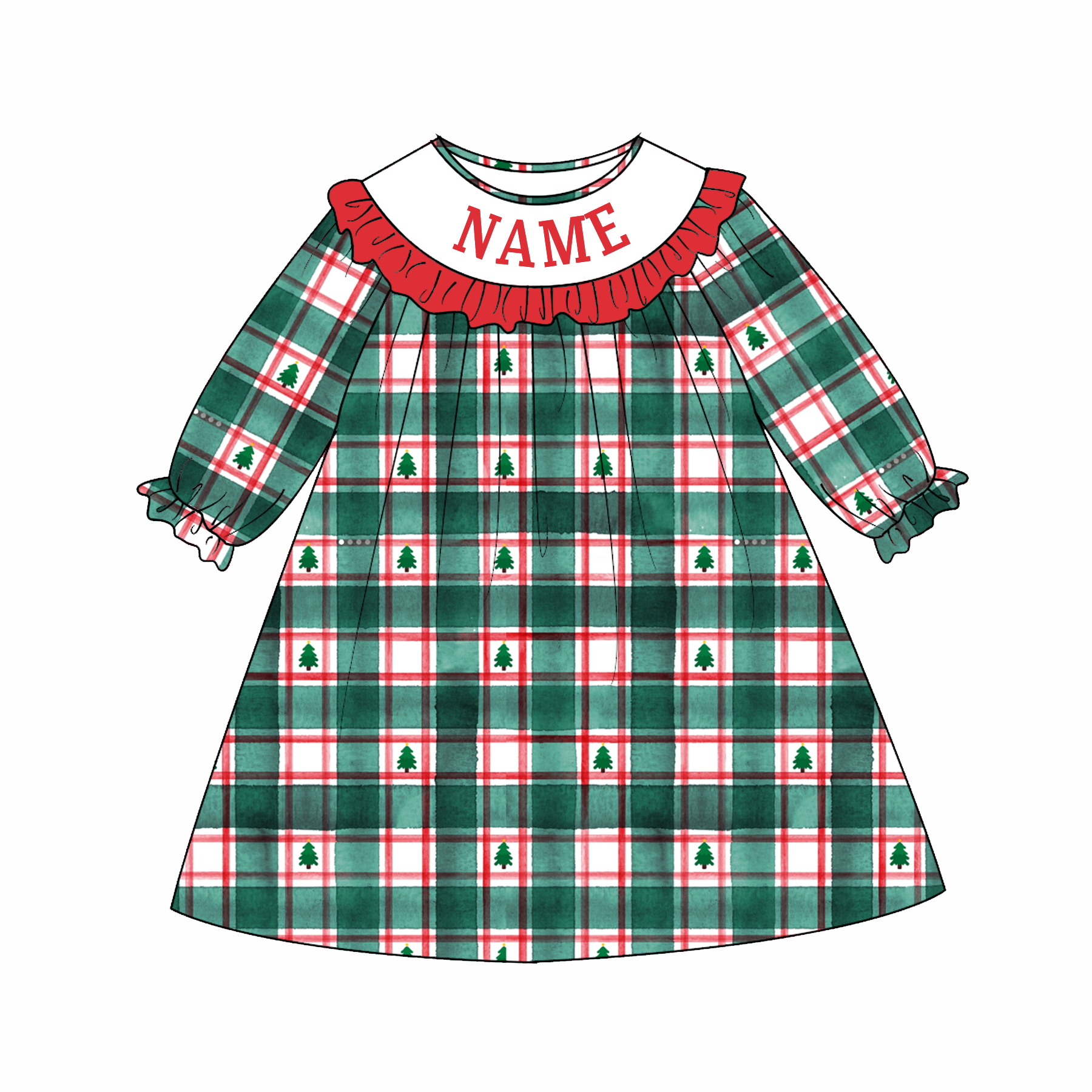 （Pre Order）Family Christmas Plaid Embroidery Smocked Dress,Set&Romper