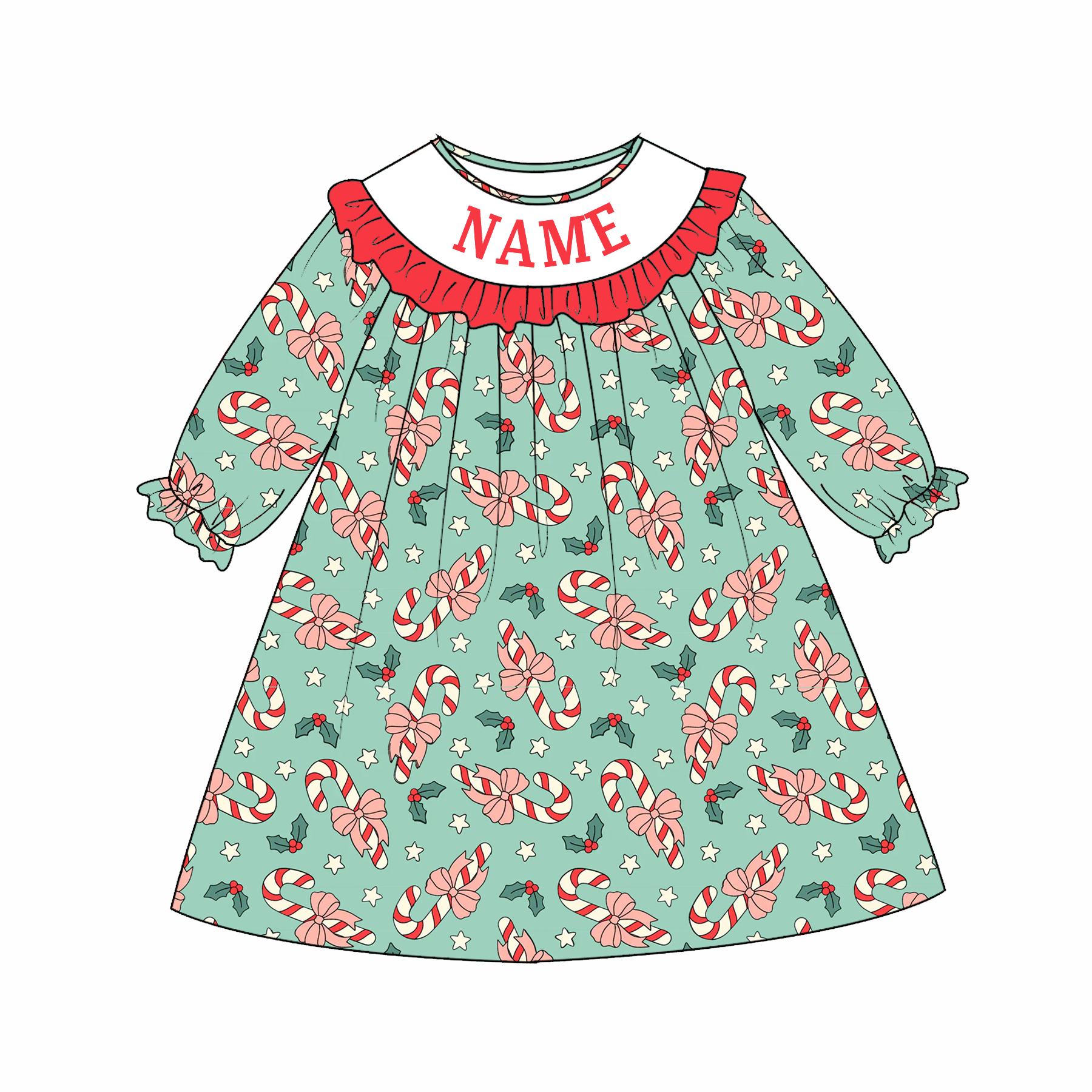 （Pre Order）Sisters Christmas Candy Cane Embroidery Smocked Dress&Romper