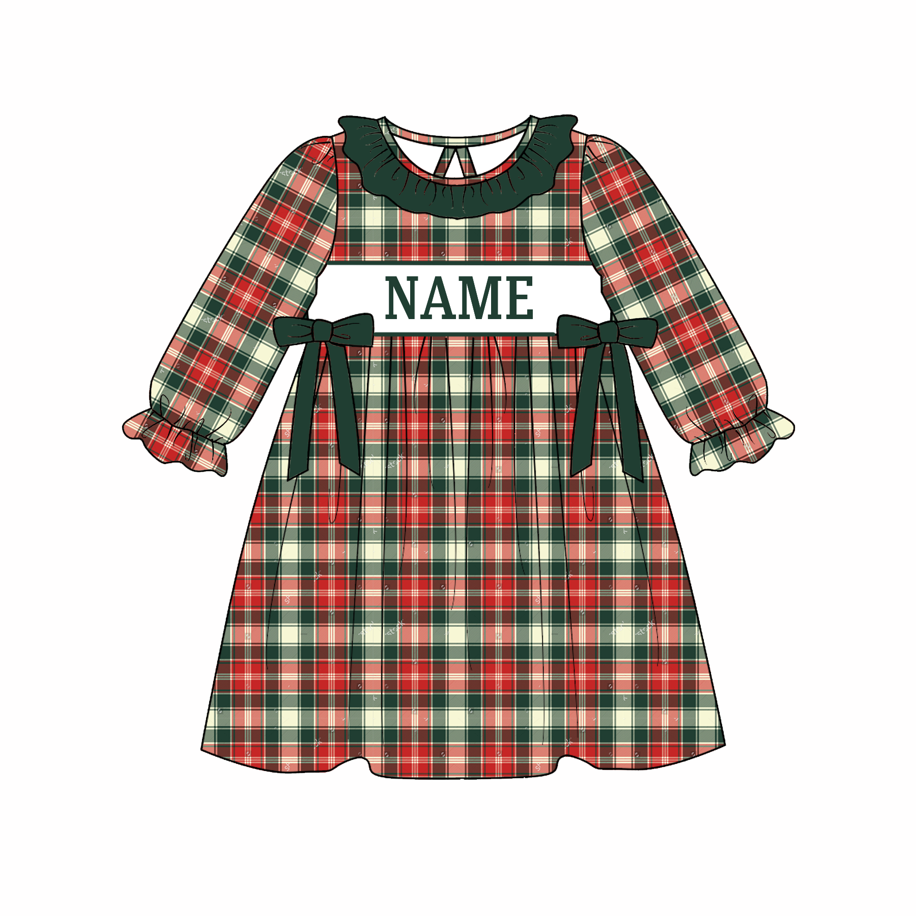 （Pre Order）Family Christmas Plaid Embroidery Smocked Dress,Set&Romper