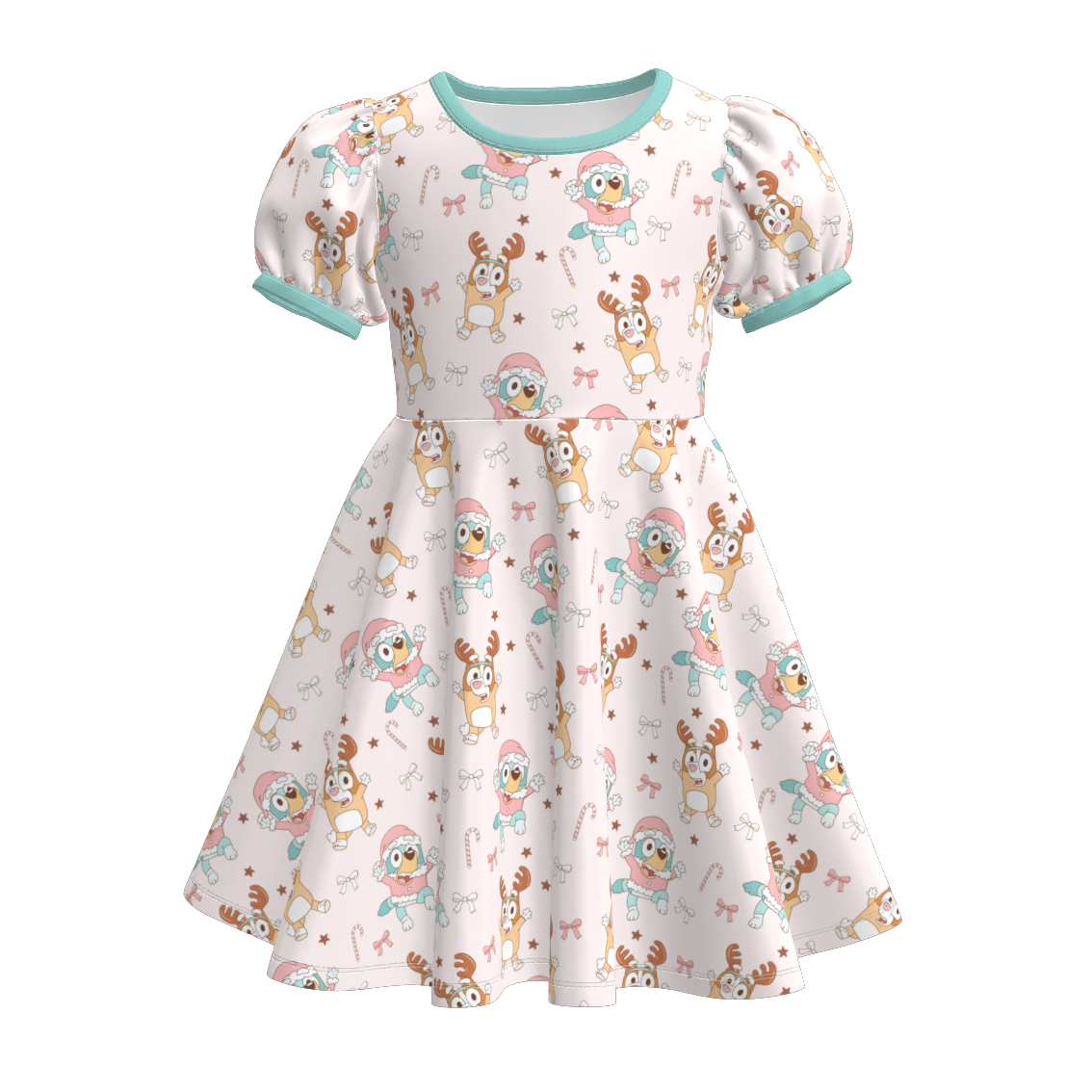 （Pre Order）Girls Christmas Cartoon Print Puff Sleeves Dress