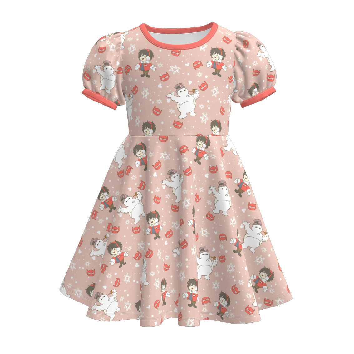 （Pre Order）Girls Christmas Cartoon Print Puff Sleeves Dress