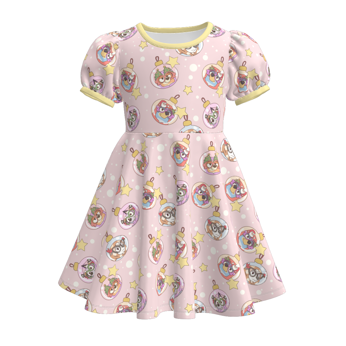 （Pre Order）Girls Christmas Cartoon Print Puff Sleeves Dress