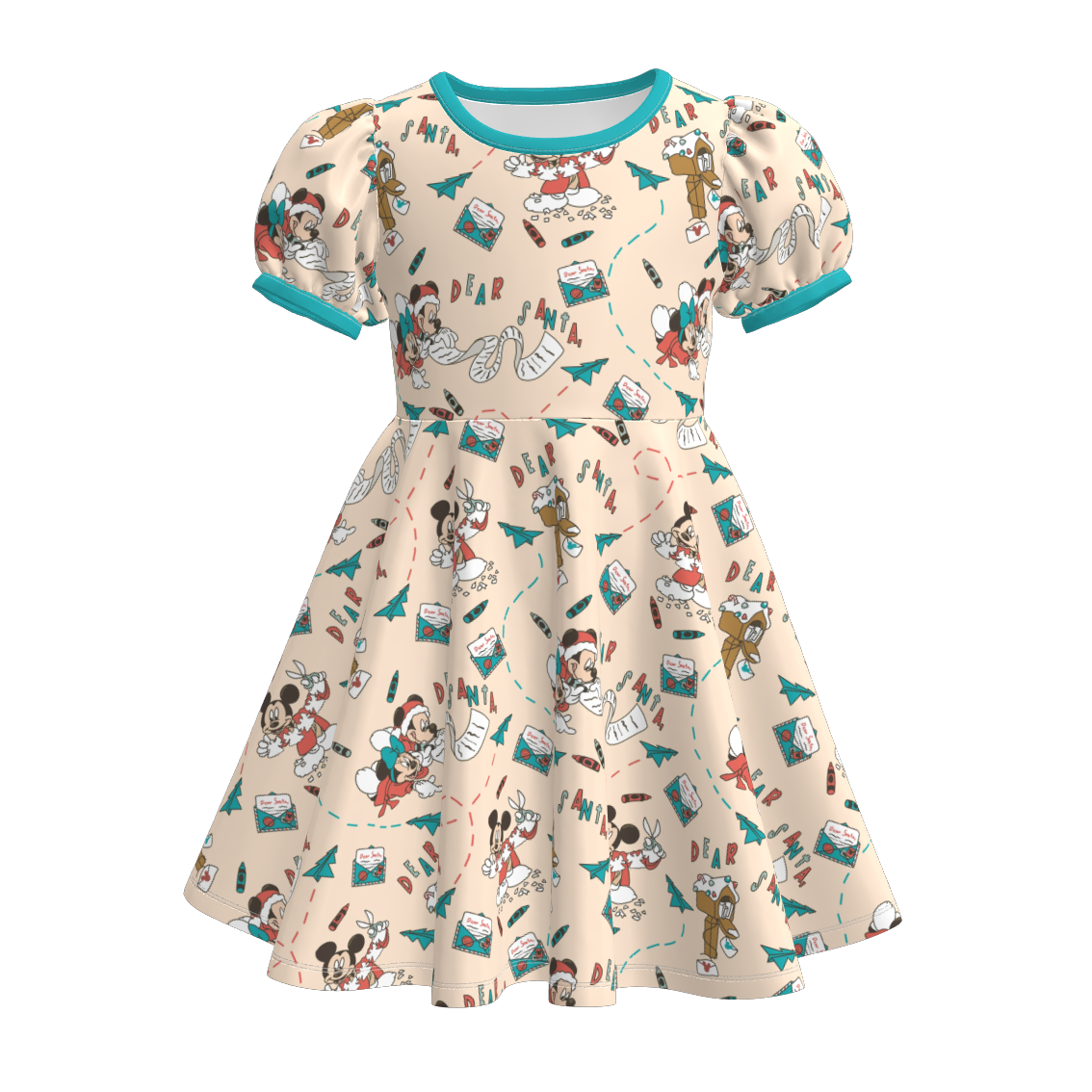 （Pre Order）Girls Christmas Cartoon Print Puff Sleeves Dress