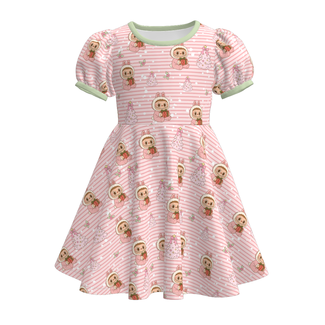 （Pre Order）Girls Christmas LBB Print Puff Sleeves Dress
