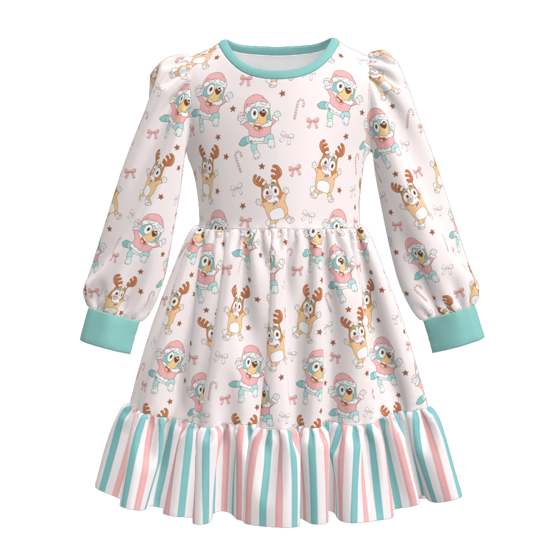 （Pre Order）Girls Christmas Cartoon Print Ruffle Dress