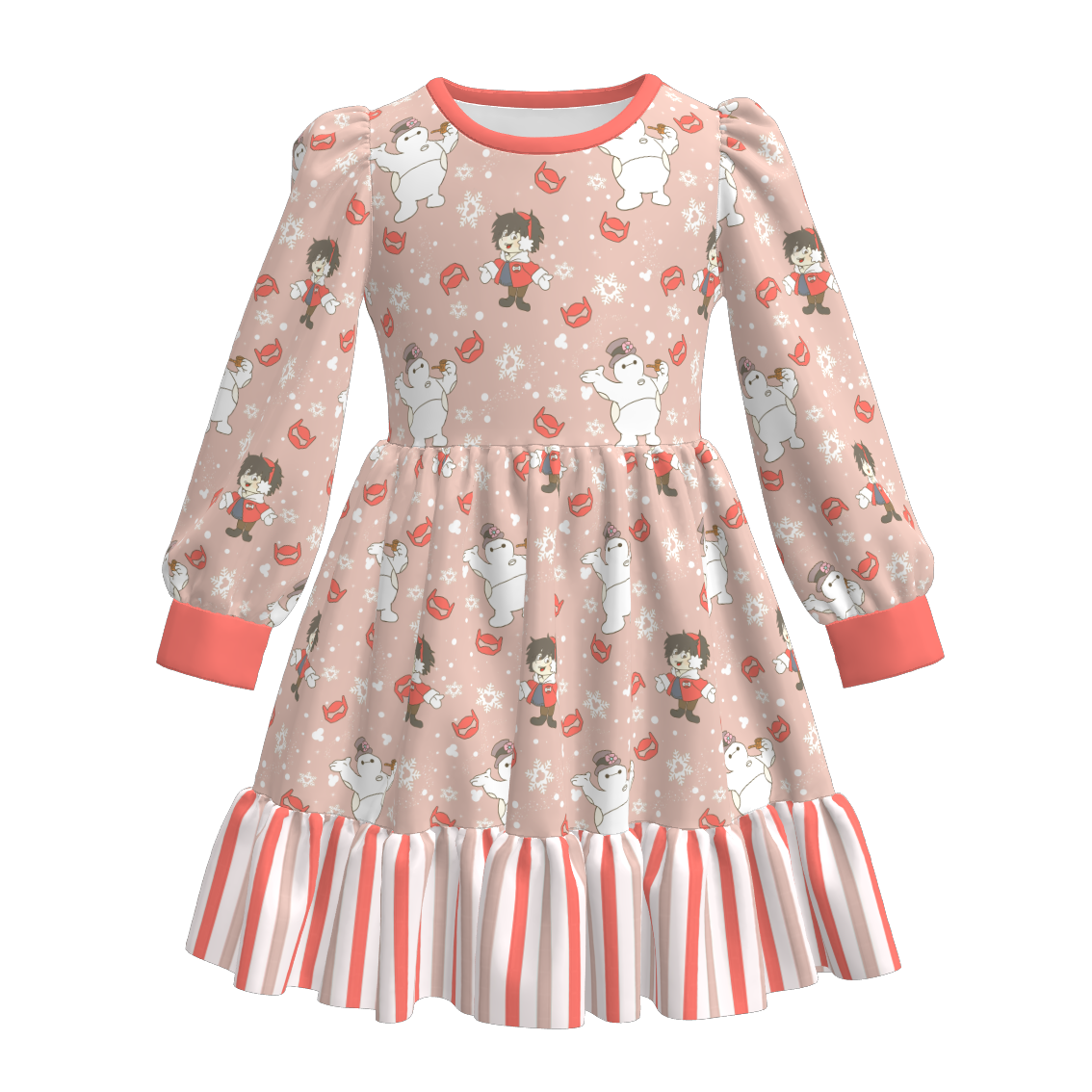 （Pre Order）Girls Christmas Cartoon Print Ruffle Dress