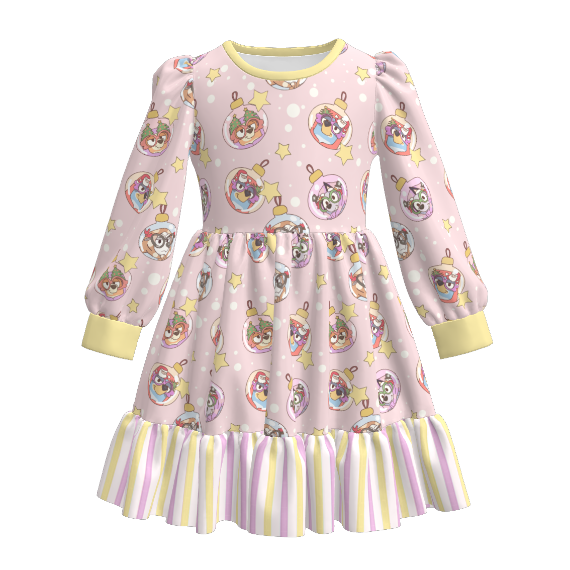 （Pre Order）Girls Christmas Cartoon Print Ruffle Dress