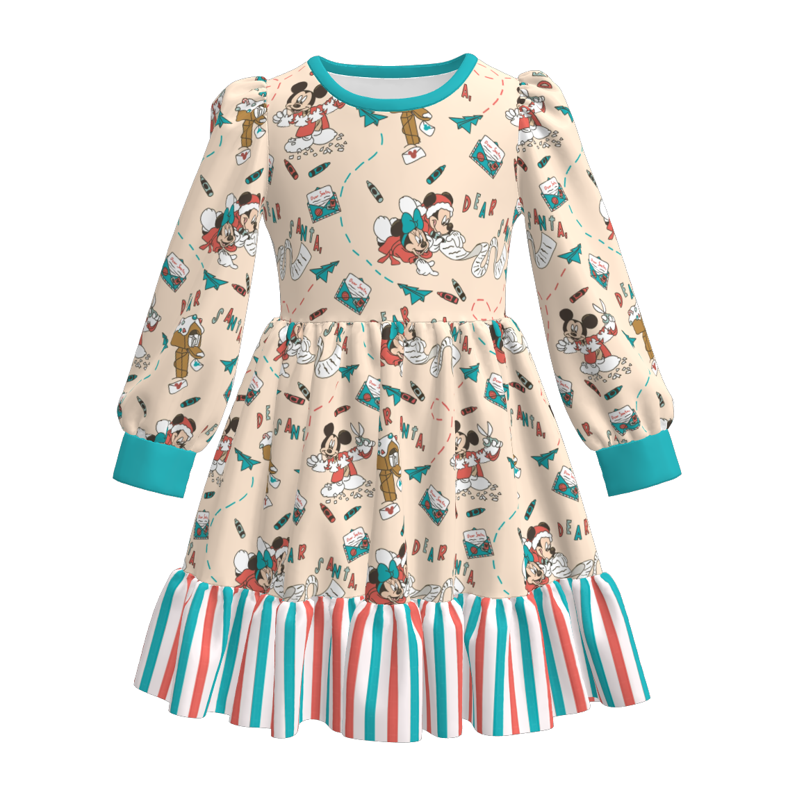 （Pre Order）Girls Christmas Cartoon Print Ruffle Dress
