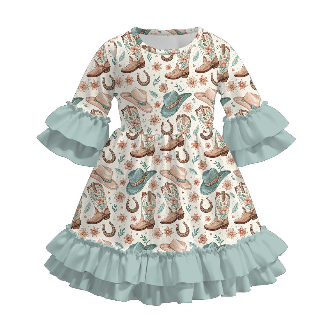 （Pre Order）Girls Fall Farm Chick&Boots Print Ruffle Dress